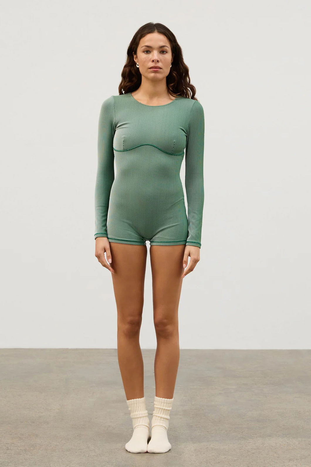 STRIPE RIB BODYSUIT - TALLOW GREEN